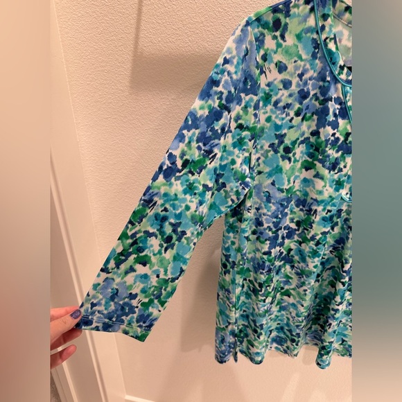 Susan Graver Blue and Green Patterned Blouse 3/4 sleeve - Picture 3 of 4